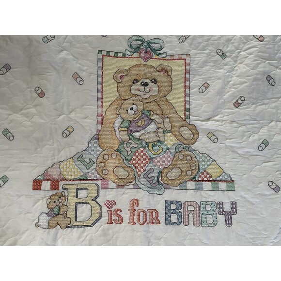 Janlynn Cross Stitched Finished "B is for Baby" Bear Quilt Blanket 31" X 40" VTG - Picture 3 of 5
